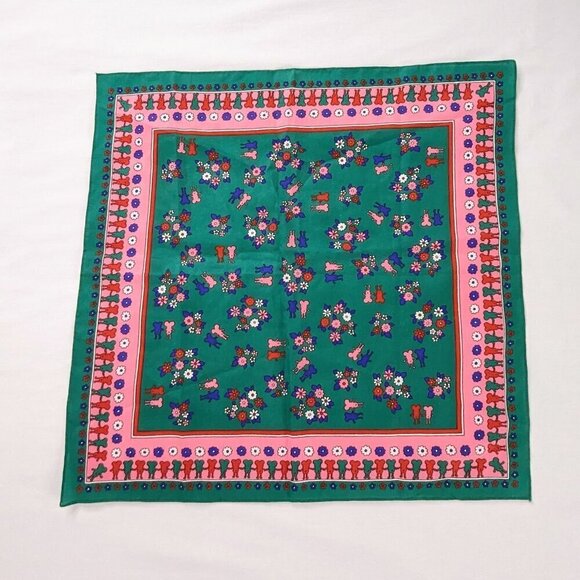 VTG Green Pink Blue Small Mouse Floral Square Scarf - Picture 2 of 7